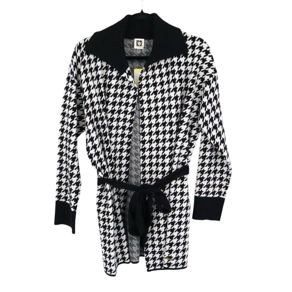Anne Klein Long Line Houndstooth Cardigan Womens M Black Academia Classic Office